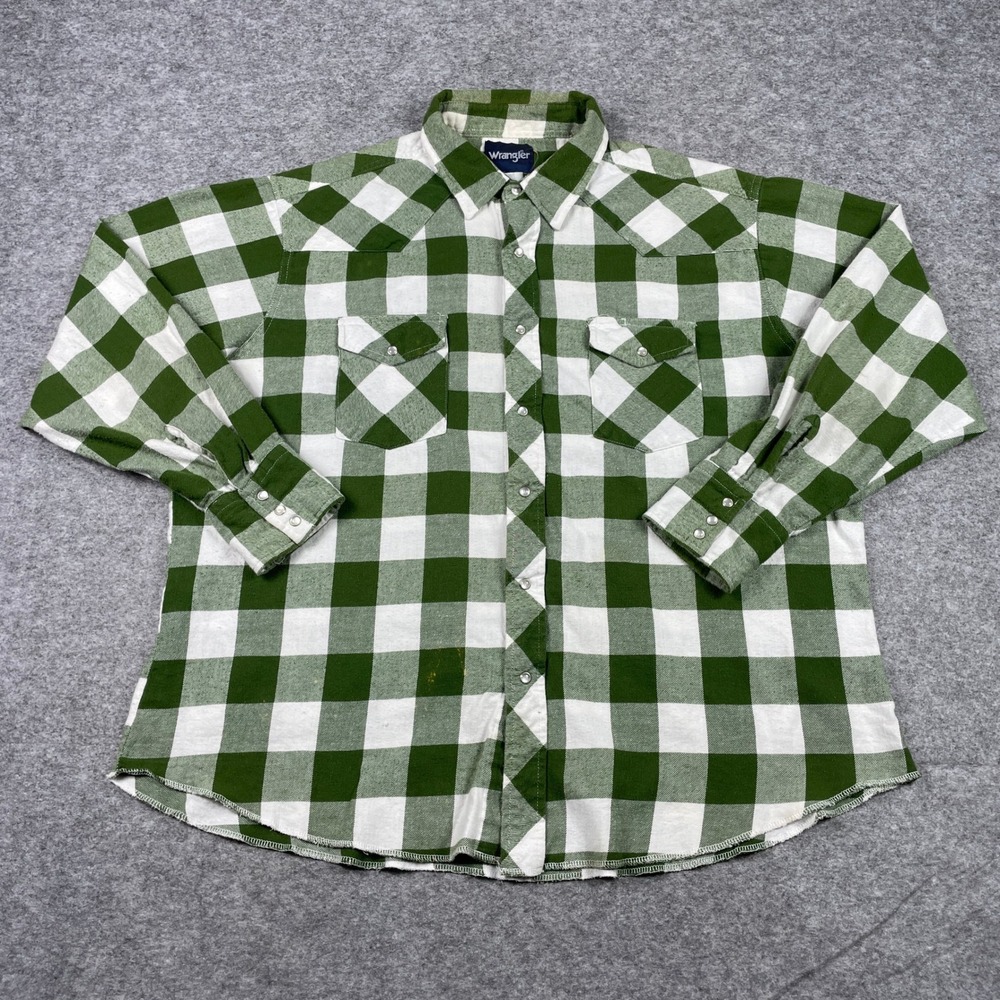Wrangler Pearl Snap Shirt Mens 2XL Green White Buffalo Plaid Western Long Sleeve